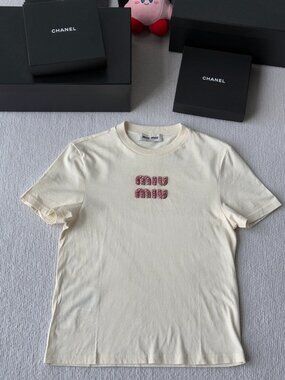 Miu Miu Women's Solid-Color Crewneck Short-Sleeve Pullover T-Shirt — Beige, Size